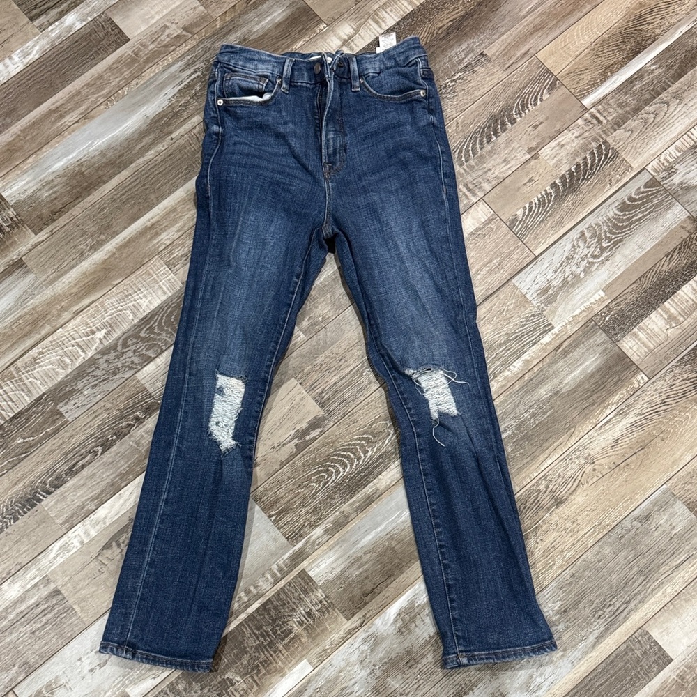 Good American Dark Blue Distressed Straight Leg Jeans